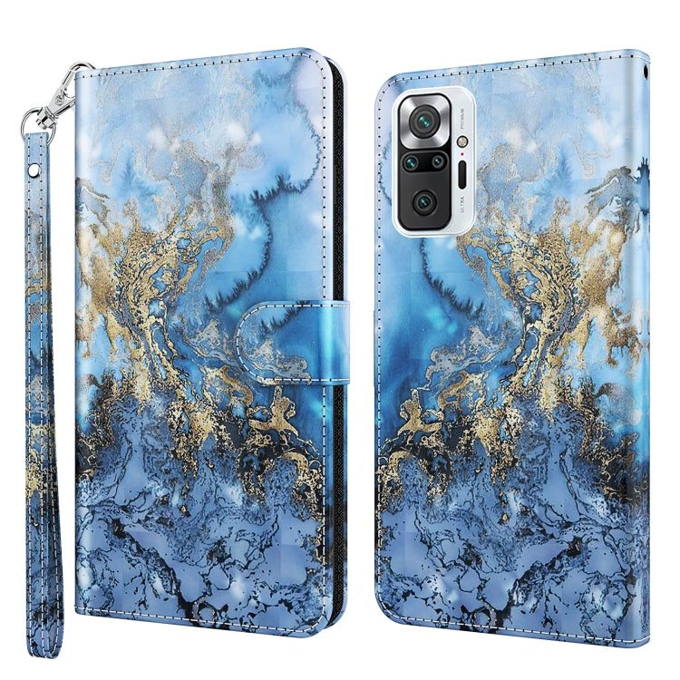 Phone case with blue and gold marbled swirl design and wrist strap, folio-style cover