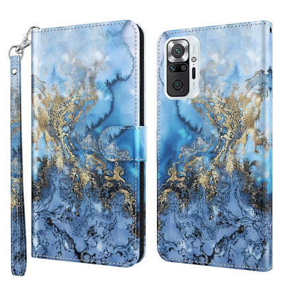 Phone case with blue and gold marbled swirl design and wrist strap, folio-style cover