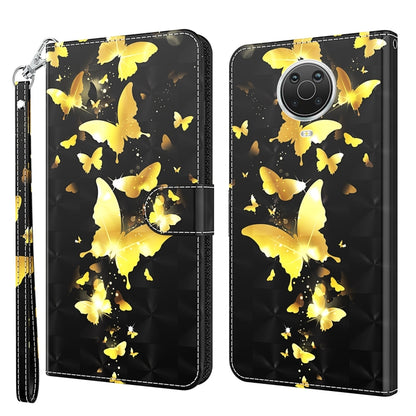 Black butterfly folio phone case with yellow 3D butterflies and wrist strap, flip cover.