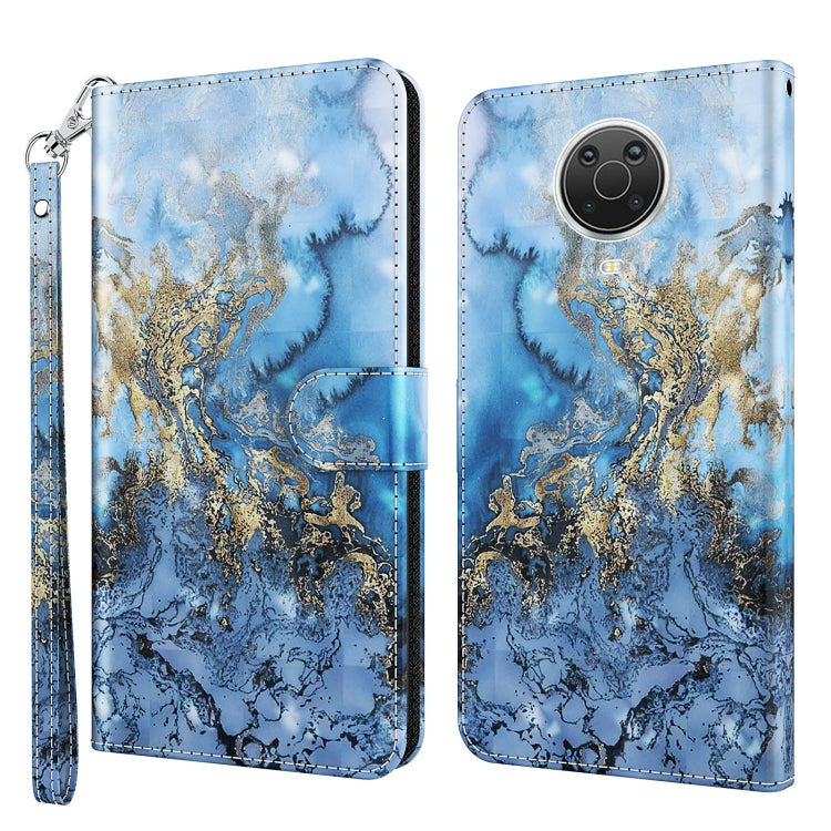 3D blue marbled phone case with gold floral swirl, wallet style with wrist strap