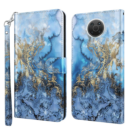 3D blue marbled phone case with gold floral swirl, wallet style with wrist strap