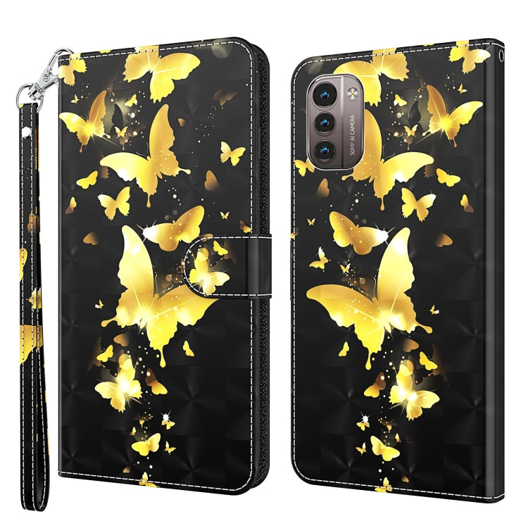 Pair view: black butterfly wallet phone case with yellow 3D butterflies and wrist strap.