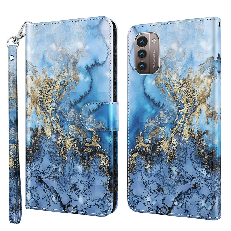 3D blue marbled phone case with gold ornamental swirl, folio wallet, wrist strap