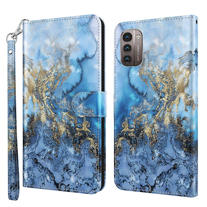 3D blue marbled phone case with gold ornamental swirl, folio wallet, wrist strap