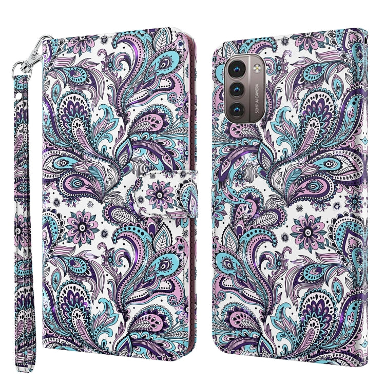 3D paisley bird phone case in white with purple and teal swirls, wallet style with strap