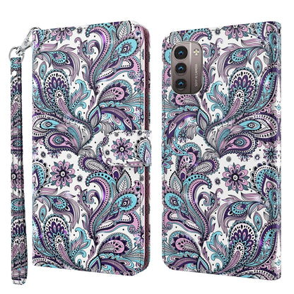 3D paisley bird phone case in white with purple and teal swirls, wallet style with strap
