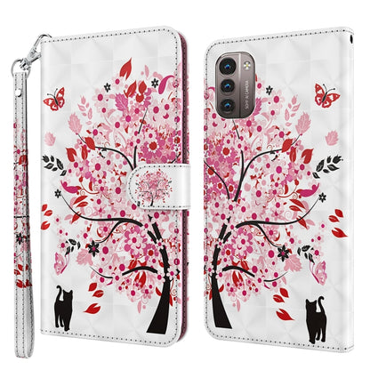 Phone case with pink floral tree and cat silhouettes; visible camera cutout; wrist strap.