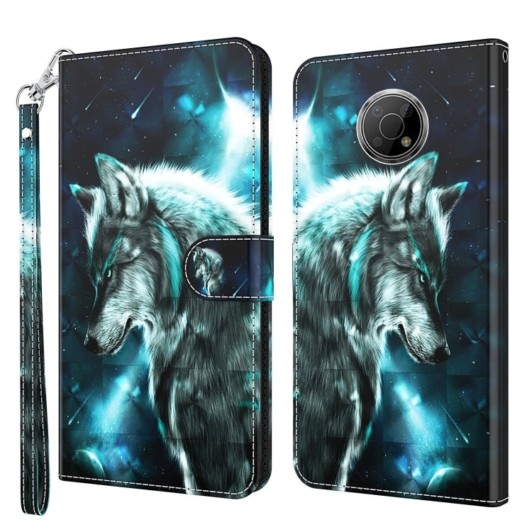 3D wolf fantasy phone case, dark blue with teal glow pattern, folio wallet with strap
