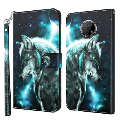 3D wolf fantasy phone case, dark blue with teal glow pattern, folio wallet with strap