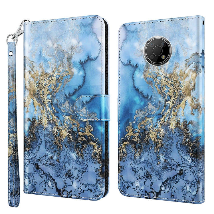 3D blue marbled phone case with gold floral accents, wallet style with wrist strap