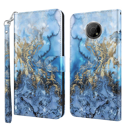 3D blue marbled phone case with gold floral accents, wallet style with wrist strap