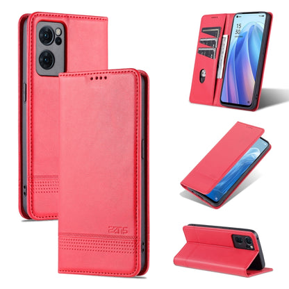 Red magnetic flip phone case with textured leather-look finish and card slots