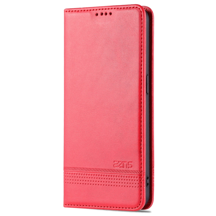 Red magnetic flip phone case with textured finish and stitched edges
