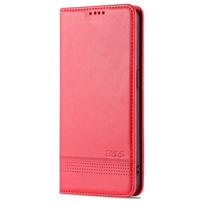 Red magnetic flip phone case with textured finish and stitched edges