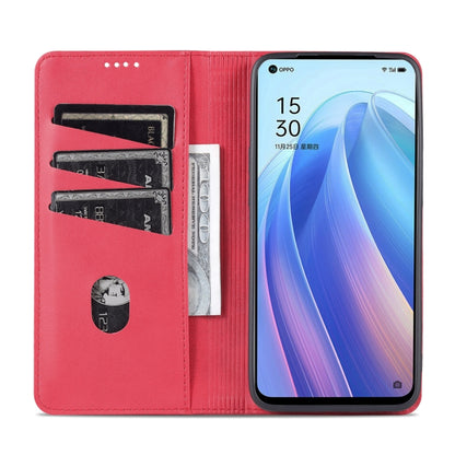 Red magnetic flip phone case with card slots and cash pocket