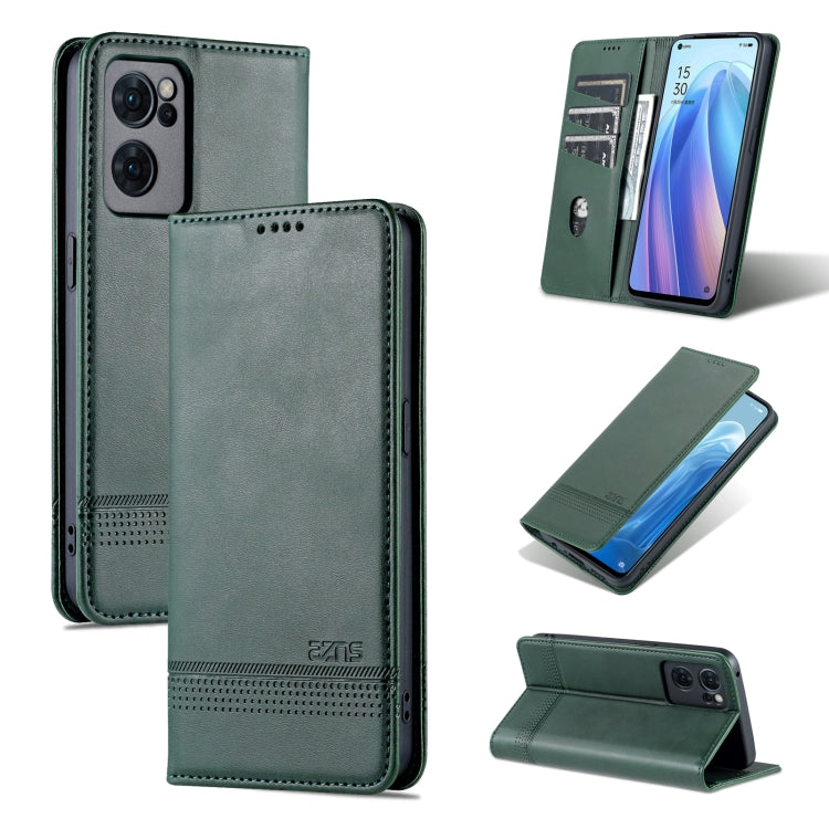 Dark green magnetic flip phone case with textured leather-look finish