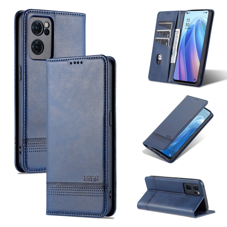 Dark blue magnetic flip phone case with textured leather-look finish