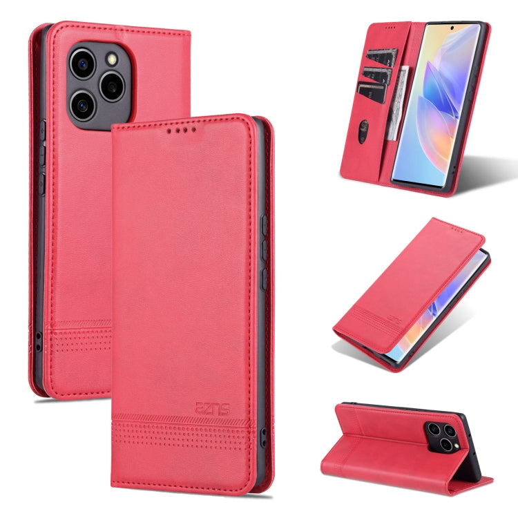 Red magnetic flip leather phone case with textured finish and card slot.