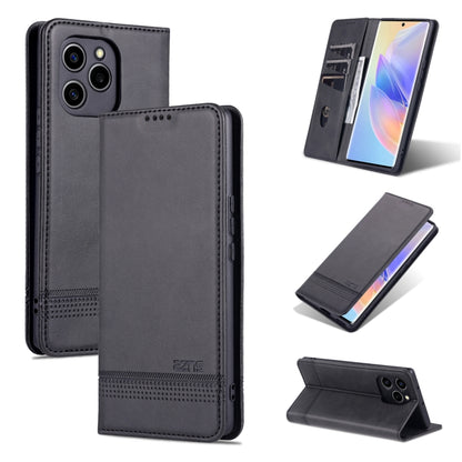 Black magnetic flip leather phone case with textured finish and card slot.