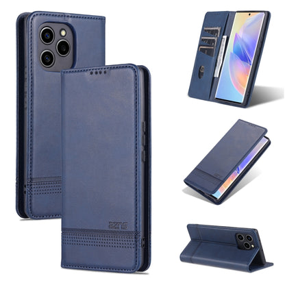 Dark blue magnetic flip leather phone case with textured finish and card slot.