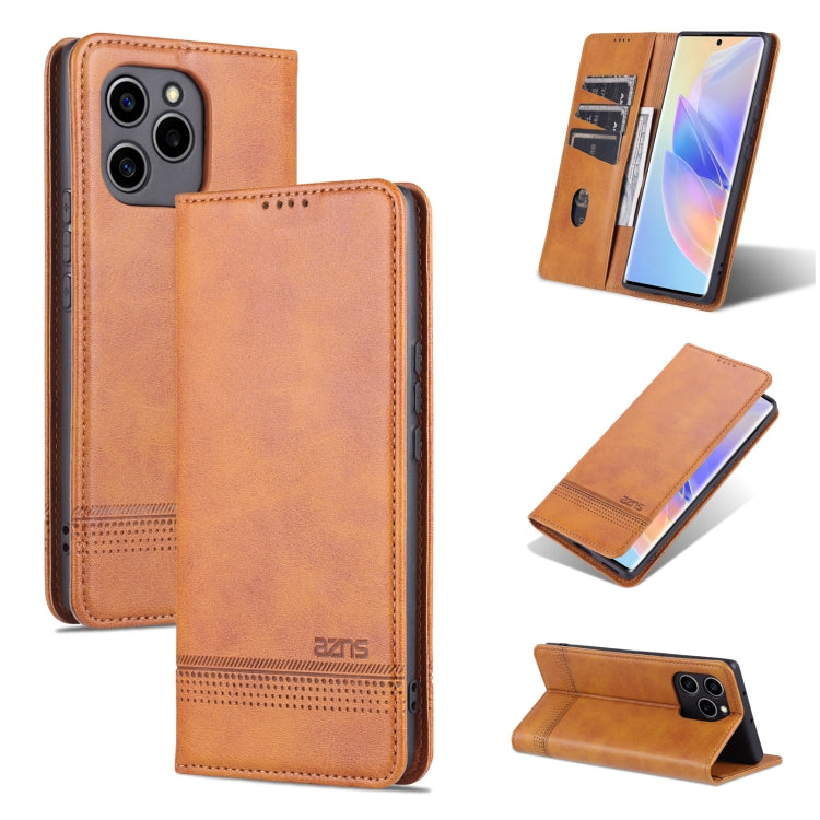Tan magnetic flip leather phone case with textured finish and card slot.