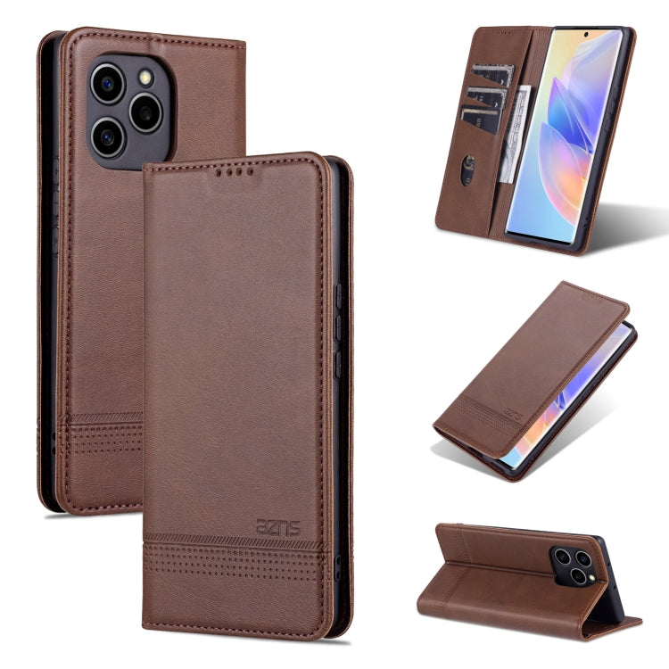 Brown magnetic flip leather phone case with textured finish and card slot.