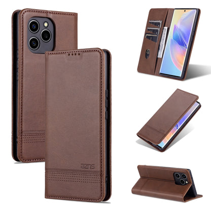 Brown magnetic flip leather phone case with textured finish and card slot.