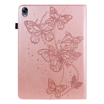 Pink folio tablet case with embossed butterfly pattern and stitched edge trim.
