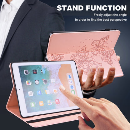 Pink folio tablet case standing open for viewing, with embossed butterfly design.