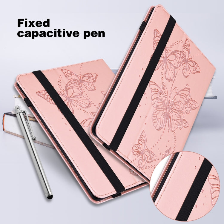 Pink tablet folio case with embossed butterflies, elastic pen holder, and spine strap.