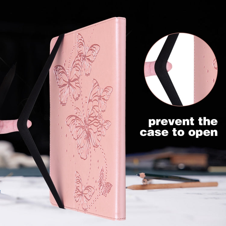 Pink vertical tablet case with embossed butterflies and side strap to help keep it closed.