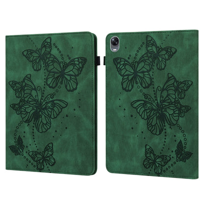 Green embossed butterfly tablet case with folio cover and snap closure.