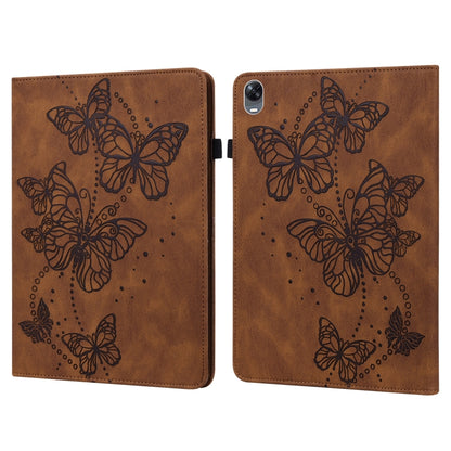 Brown embossed butterfly leather tablet case with two-panel design and snap closure