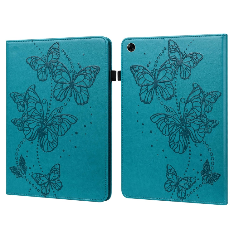 Blue embossed butterfly leather tablet case with two-panel design and snap closure