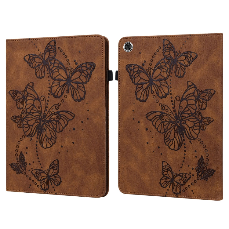 Brown leather tablet case with embossed butterfly pattern and dual-fold cover