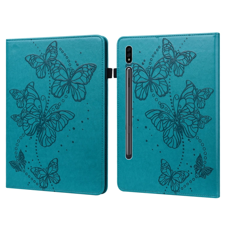 Blue leather tablet case with embossed butterfly pattern and dual-fold cover