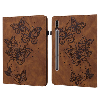 Brown leather tablet case with embossed butterfly pattern and dual-fold cover