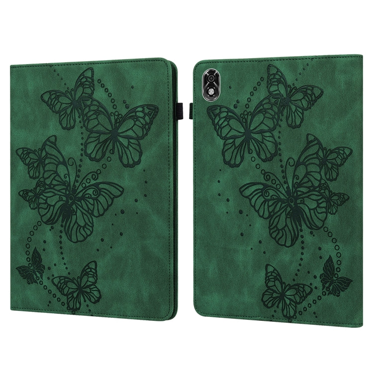 Green leather tablet case with embossed butterfly pattern and dual-fold cover