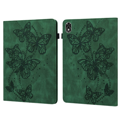 Green leather tablet case with embossed butterfly pattern and dual-fold cover