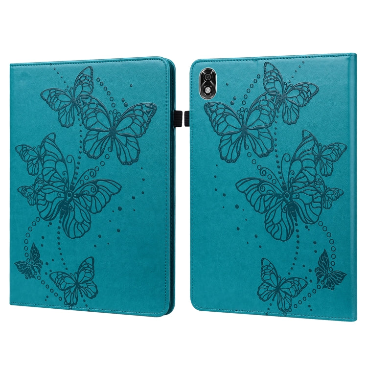 Blue leather tablet case with embossed butterfly pattern and dual-fold cover