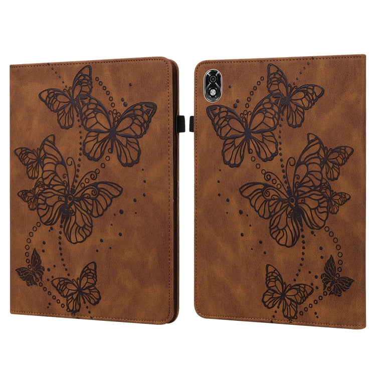 Brown embossed butterfly pattern tablet case with folding cover and camera cutout detail