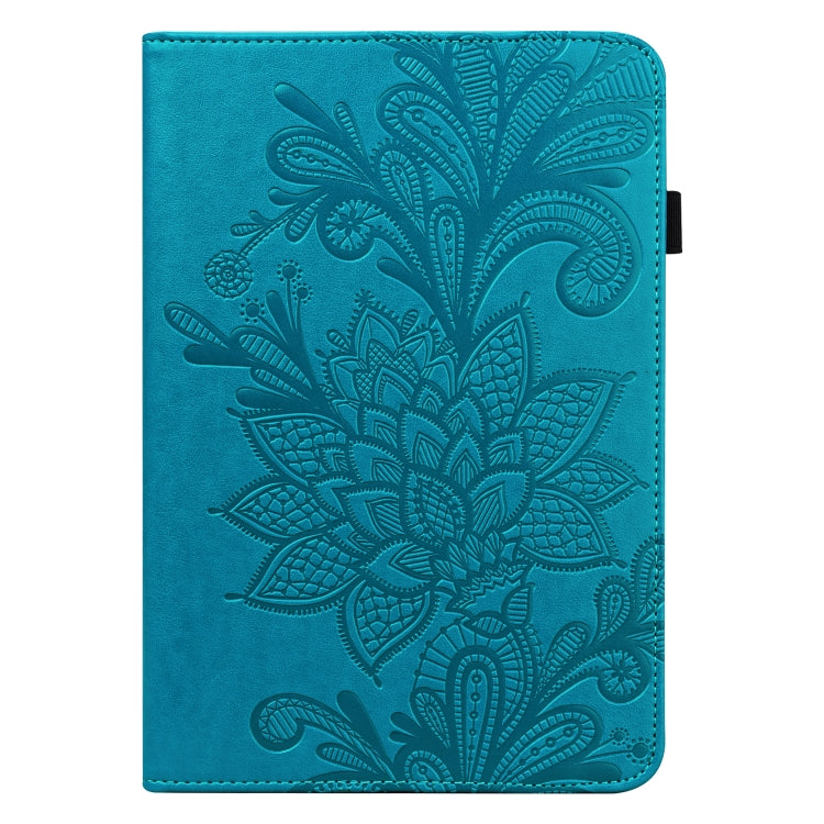 Blue embossed floral tablet folio case, closed front with decorative leaf pattern