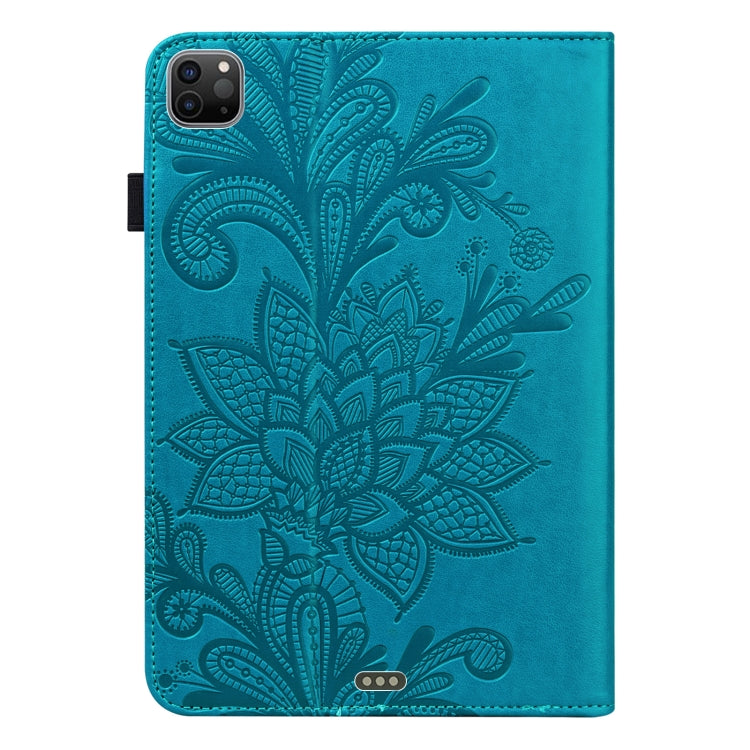Blue embossed floral folio tablet case with camera cutout on the back