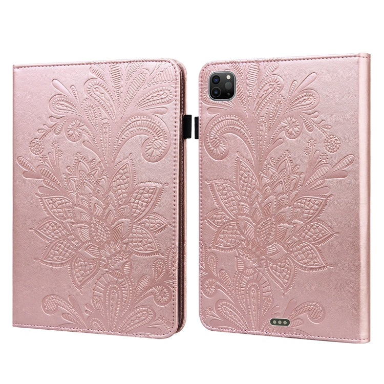 Pink leather tablet case with embossed lace floral pattern and fold-over cover