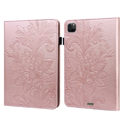 Pink leather tablet case with embossed lace floral pattern and fold-over cover