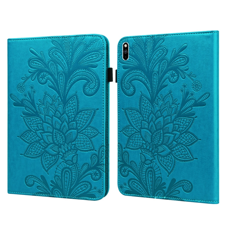 Blue leather tablet case with embossed lace floral pattern and fold-over cover