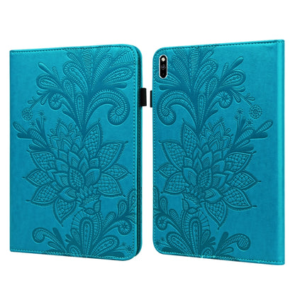 Blue leather tablet case with embossed lace floral pattern and fold-over cover