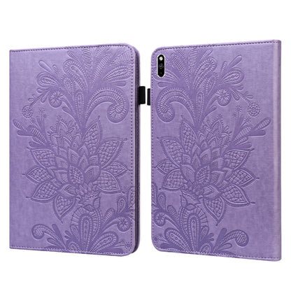 Purple leather tablet case with embossed lace floral pattern and fold-over cover