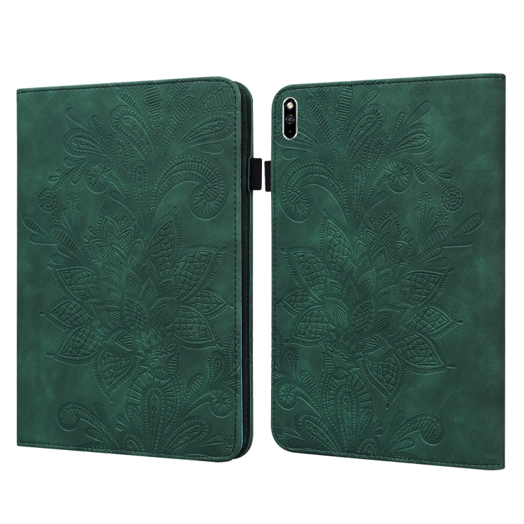 Green leather tablet case with embossed lace floral pattern and fold-over cover