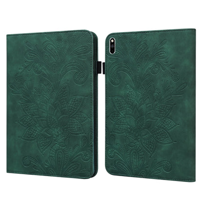 Green leather tablet case with embossed lace floral pattern and fold-over cover